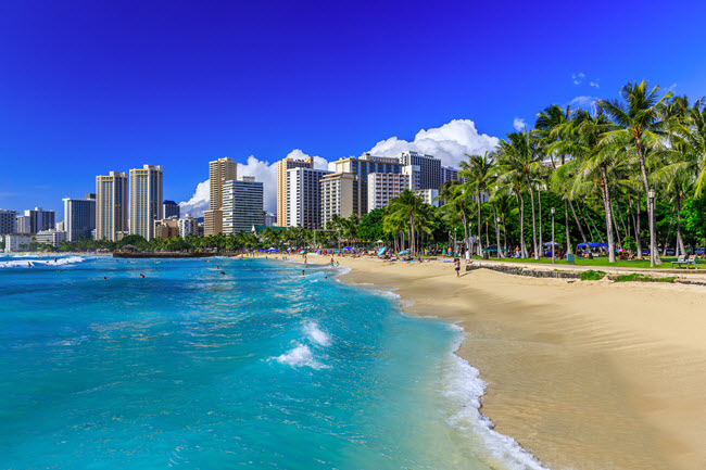 Honolulu Skyline and Beach.